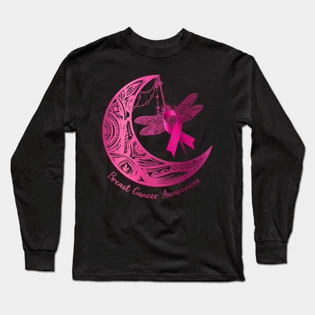 Henna Moon Dragonfly Breast Cancer Awareness Long Sleeve T-Shirt by Chapmanx